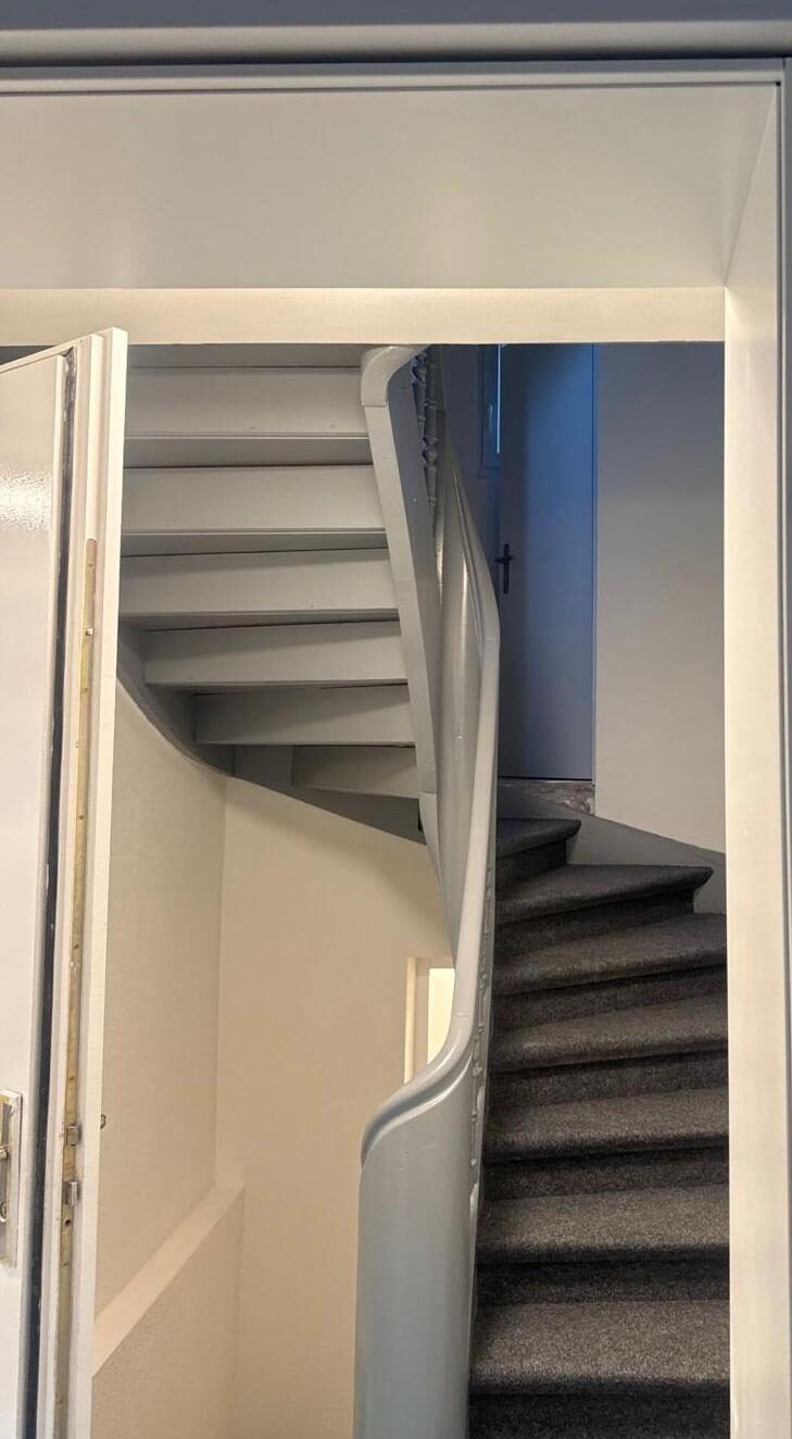 Blick durch den Türrahmen auf die grau lackierte Treppe mit hellem Geländer und weissen Wänden